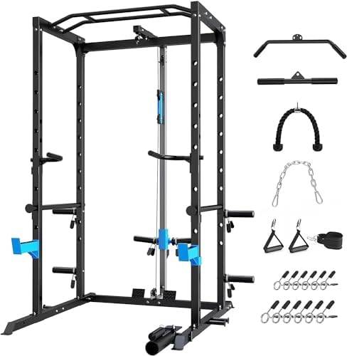 Power Cage, Multi-Functional Power Rack with J-Hooks, Dip Handles, Landmine Attachment and Optional Cable Pulley System for Home Gym