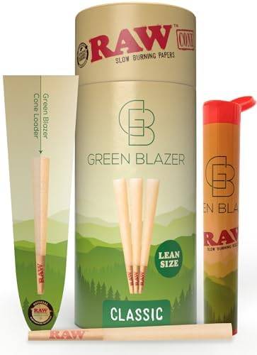 Raw Cones Classic Lean: 50 Pack Slim Pre Rolled Cones Rolling Papers and Tips, Rawthentic Slow Burning, 109mm Unbleached, Green Blazer Loader & Packing Sticks