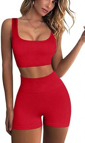 QINSEN Workout Sets for Women 2 Piece Seamless Ribbed Crop Tank High Waist Shorts Yoga Outfits